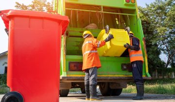 Two,Garbage,Men,Working,Together,On,Emptying,Dustbins,For,Trash